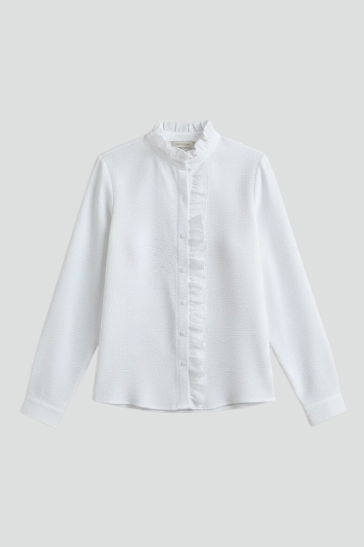 Elegant Women's Ruffle Button-Front Long Sleeve Blouse, perfect for office wear or a casual chic look.