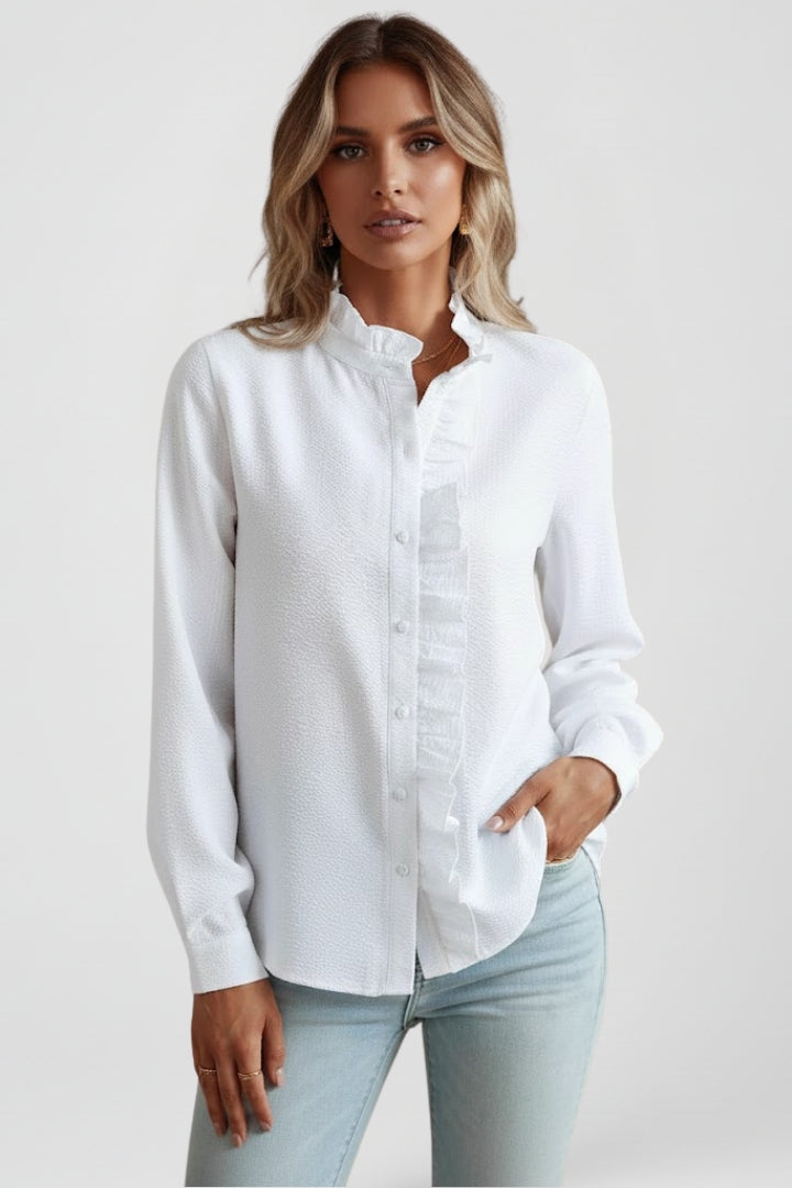 Chic women's long sleeve ruffle blouse with button-front, a versatile top for spring fashion & office style.