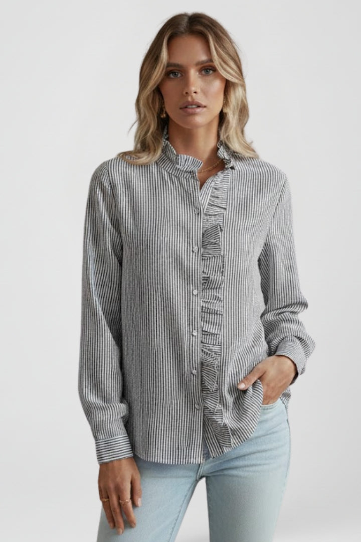 Versatile women's long sleeve ruffle button-front blouse. An elegant top for office, casual chic, and seasonal wear.