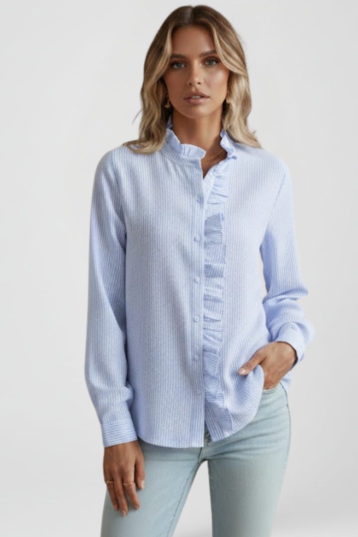 Sophisticated women's long sleeve ruffle blouse, button-front design. An elegant and classic shirt for any occasion.