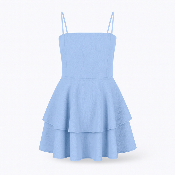 Elegant women's mini dress featuring ruffles & delicate spaghetti straps for party or casual.