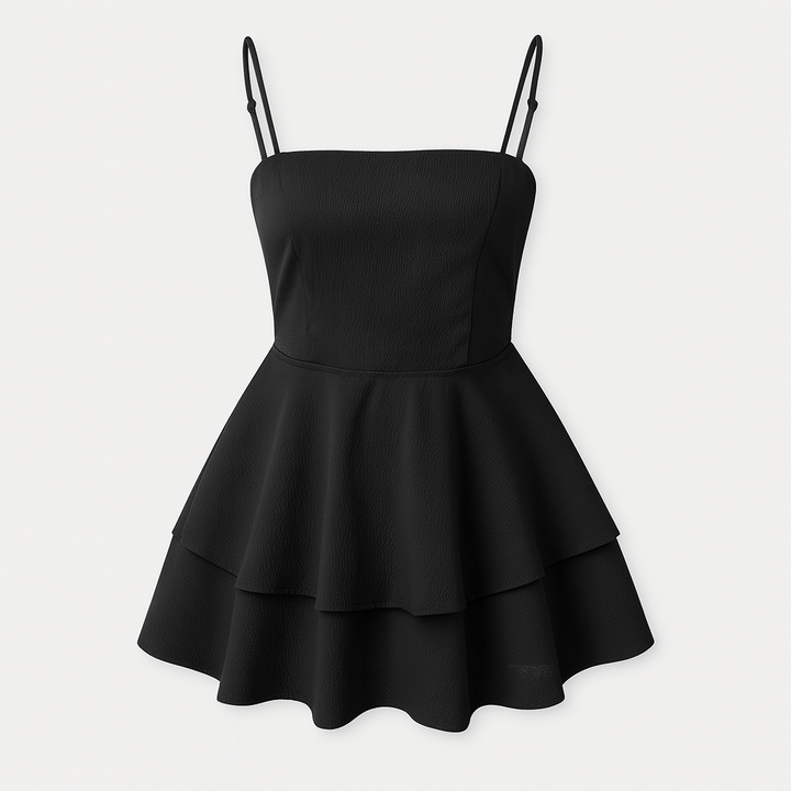 Vibrant colorful women's ruffle mini dress with delicate straps, perfect for summer events.