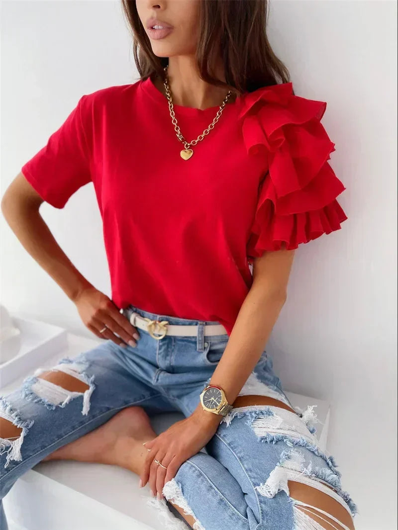 Elegant women's ruffle sleeve top with a unique design, ideal for chic casual wear or stylish evening outfits.
