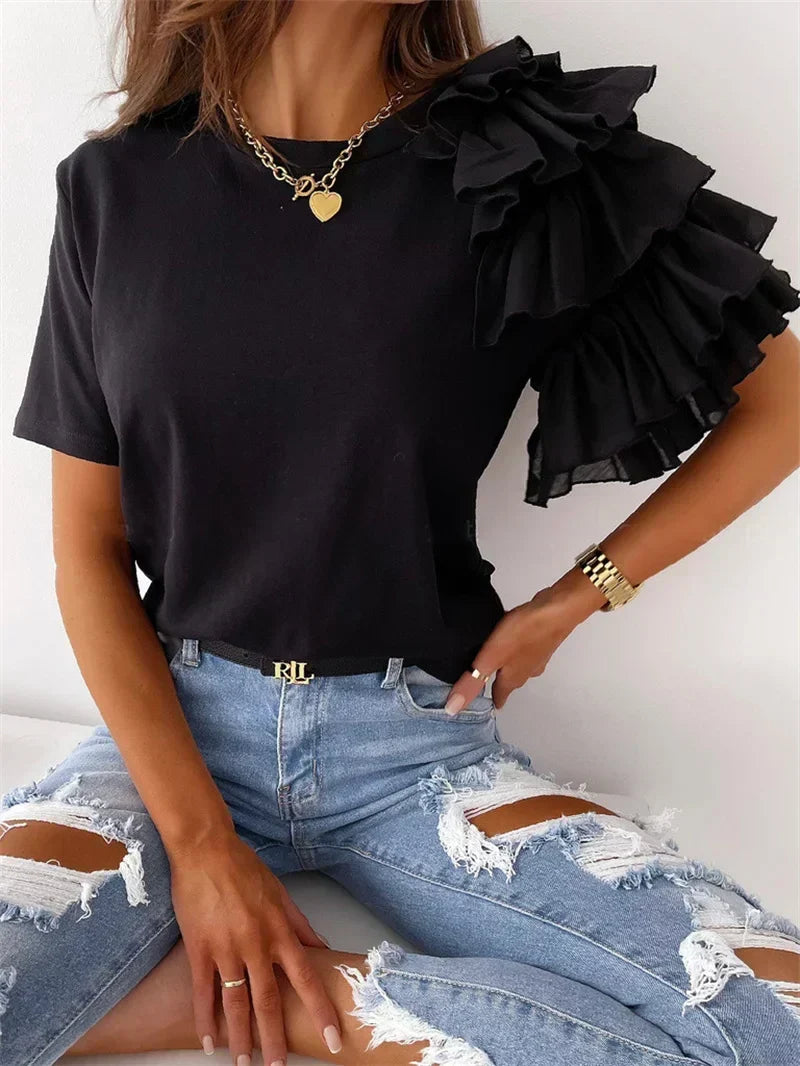 Versatile women's ruffle sleeve blouse featuring a unique and elegant design for both casual & evening fashion.