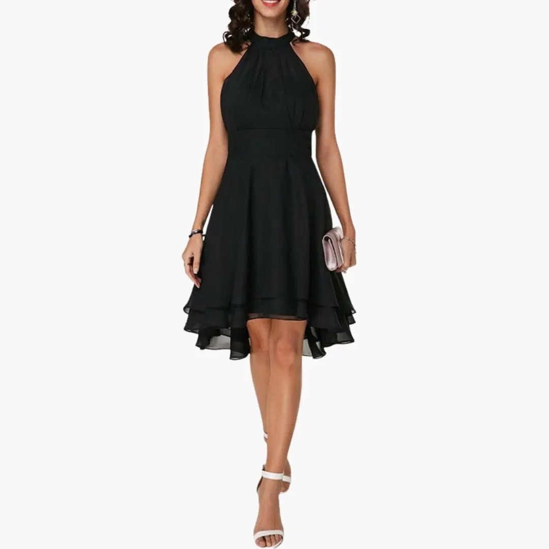 Elegant women's ruffle sleeveless dress, round neck, knee-length. Perfect for versatile day-to-night wear.