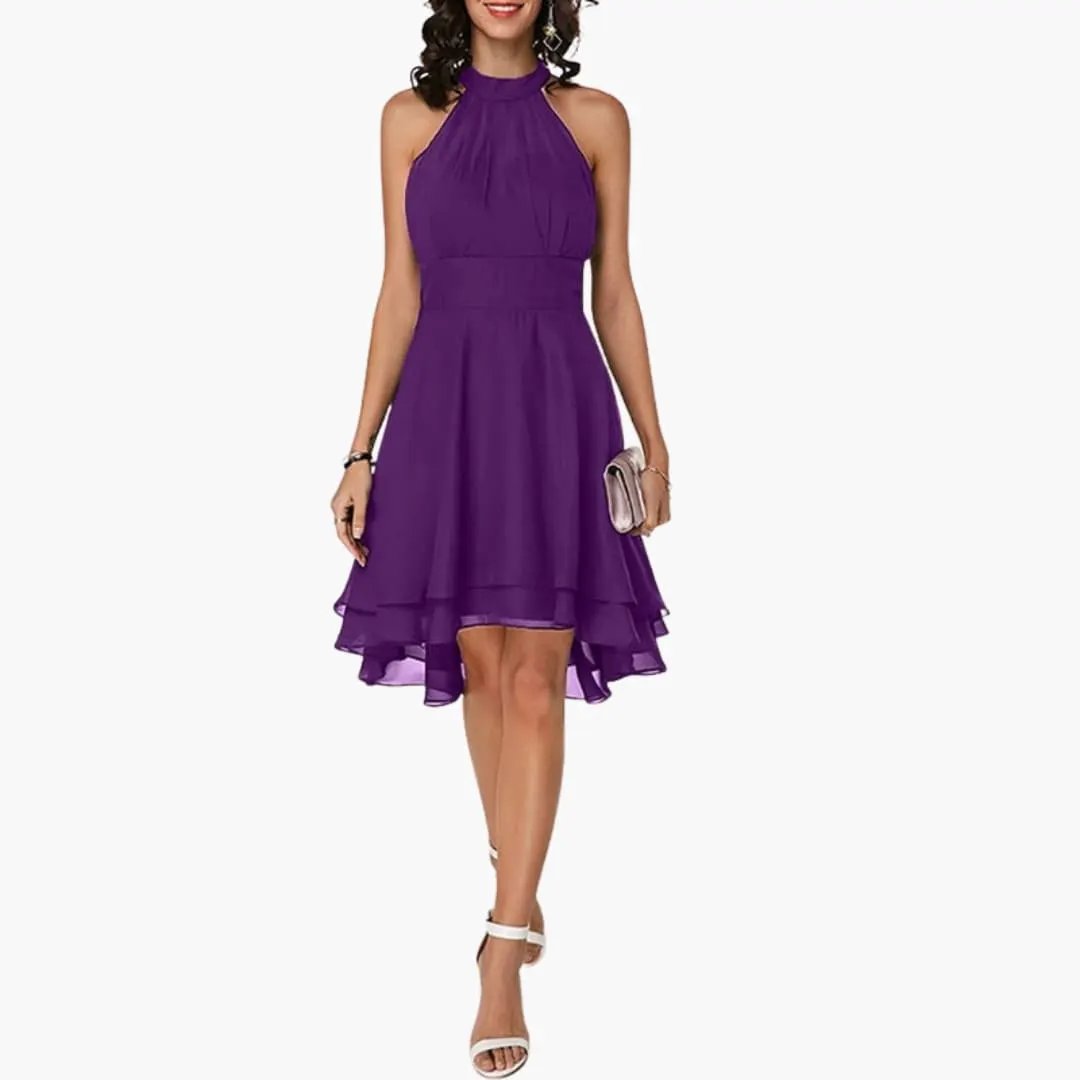 Versatile women's ruffle sleeveless dress. Elegant round neck, knee-length design suitable for various occasions.