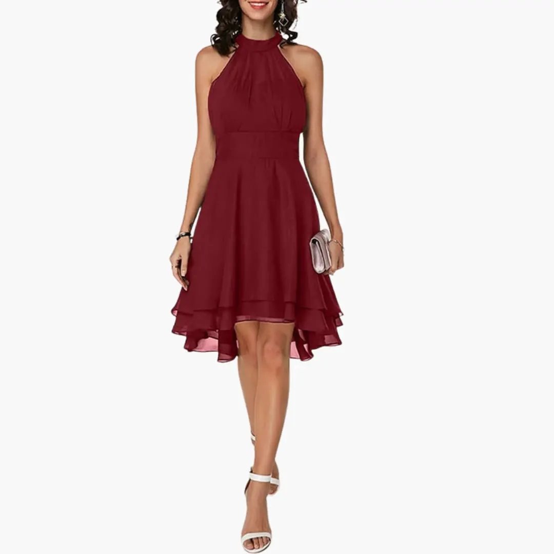 Stylish women's sleeveless dress with ruffles, round neck. Comfortable knee-length design, great for all-day wear.