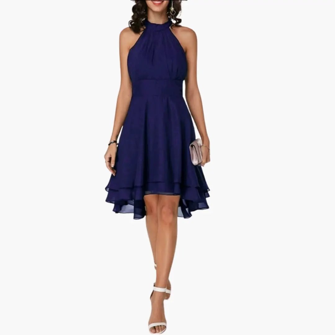 Women's elegant ruffle sleeveless dress. Round neck, knee-length, perfect casual or day-to-night style.