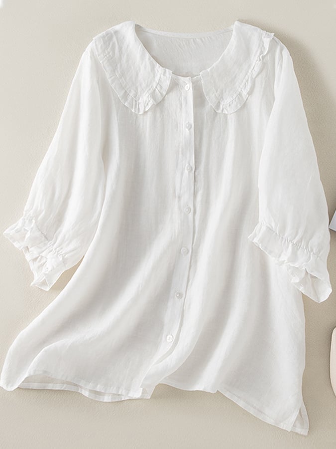 Chic women's ruffled shirt, three-quarter sleeves, button front. Solid color ladies' blouse for elegant spring outfits.