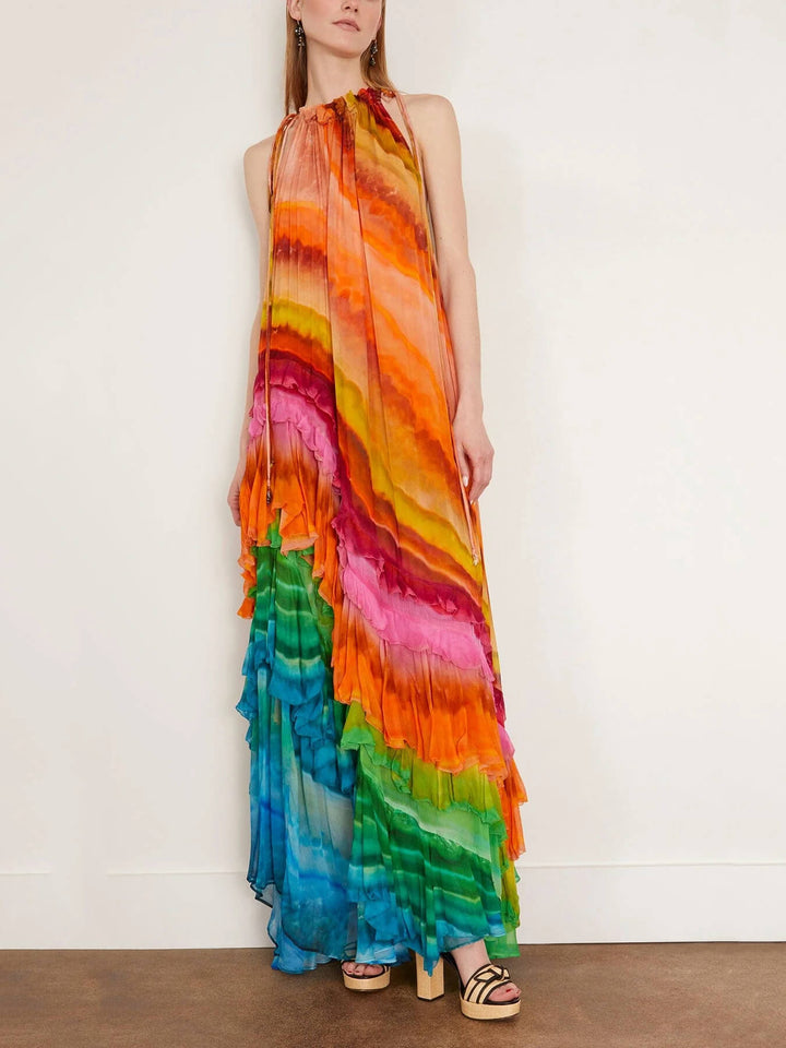 Elegant women's ruffled sleeveless halter maxi dress, perfect for summer occasions and party wear. Flowing design.