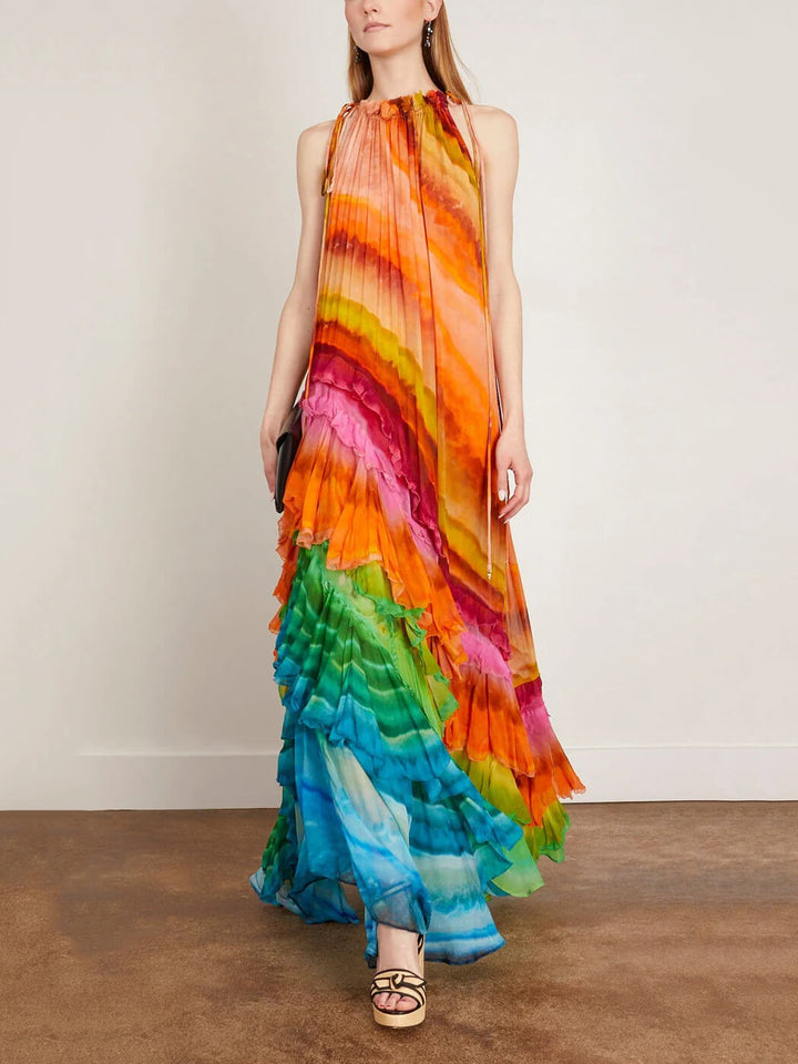 Beautiful women's halter maxi dress, sleeveless with ruffles & flowing tiered design. Elegant long dress for summer.