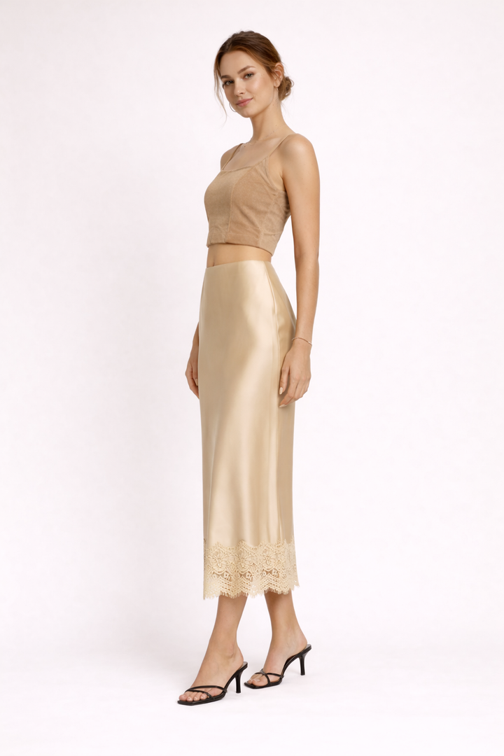 Chic women's long satin finish skirt, shimmering with a luxurious sheen & intricate lace detail on the hem.