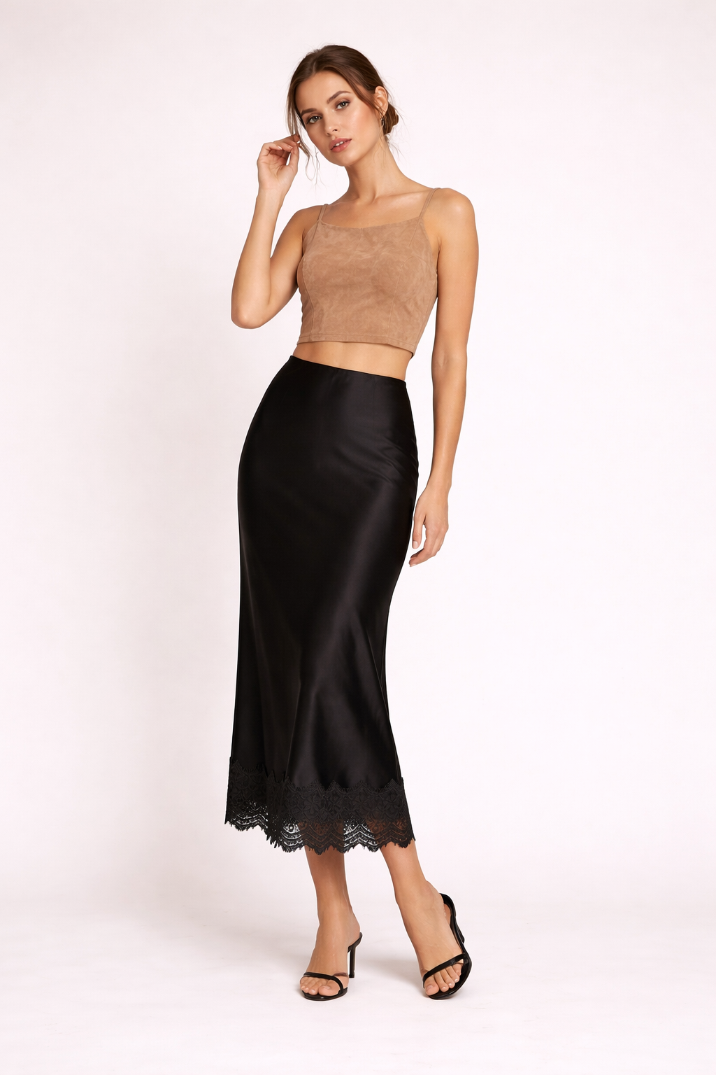 Formal women's maxi skirt in smooth satin, featuring a beautiful lace hem, ideal for evening wear & elegant events.