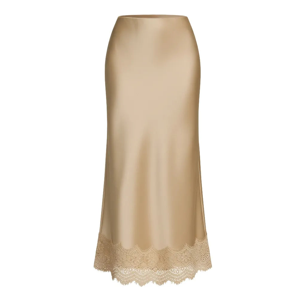 Luxurious women's long satin skirt, designed with an elegant finish and delicate lace hem, ideal for upscale events.
