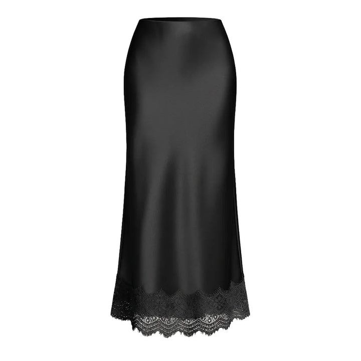 Stylish women's evening maxi skirt, crafted from smooth satin with a beautiful lace hem, offering a chic & flattering fit.
