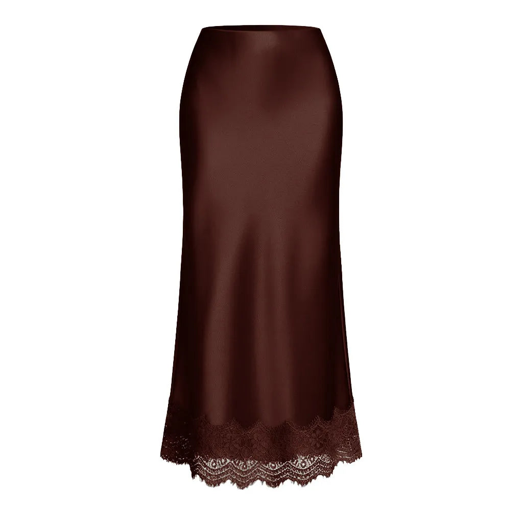 Women's special occasion satin finish maxi skirt, featuring an elegant design and exquisite lace hem, for a captivating look.