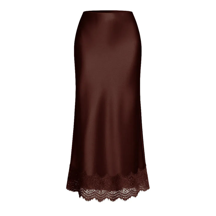 Women's special occasion satin finish maxi skirt, featuring an elegant design and exquisite lace hem, for a captivating look.
