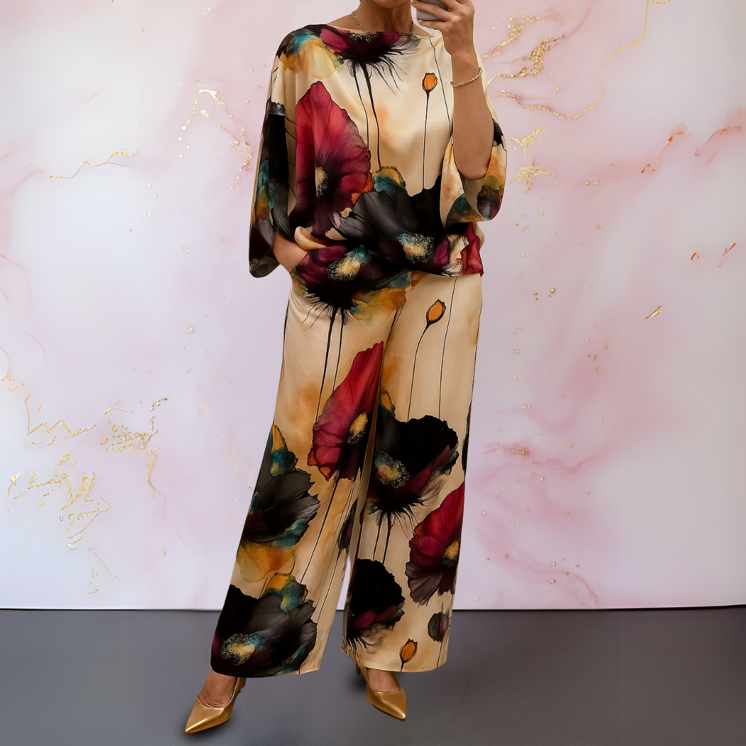 Chic women's satin matching set, perfect for a versatile spring or summer elegant fashion look.