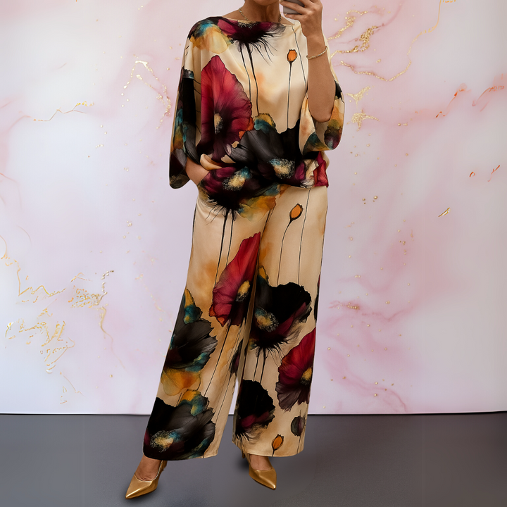 Chic women's satin matching set, perfect for a versatile spring or summer elegant fashion look.