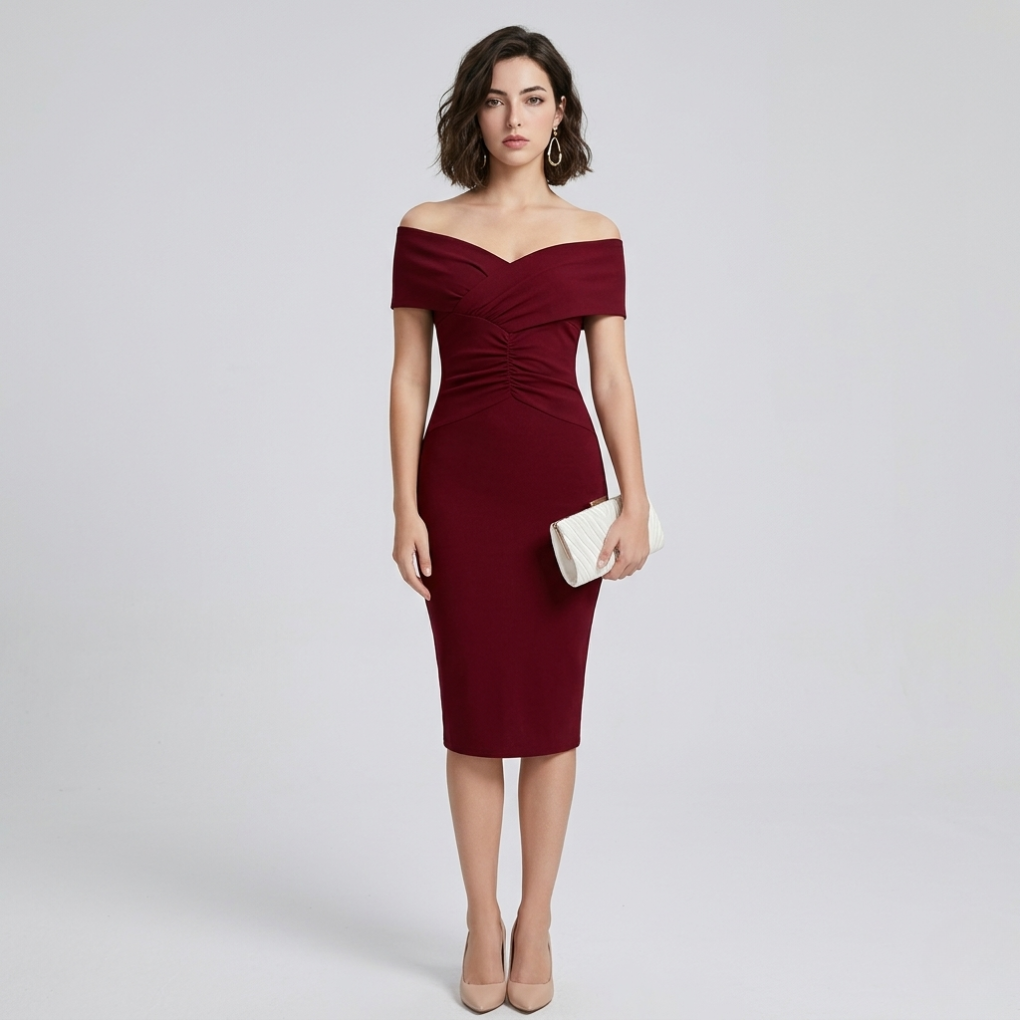 Elegant women's sculpting off-shoulder v-neck bodycon midi dress for formal and special occasions.