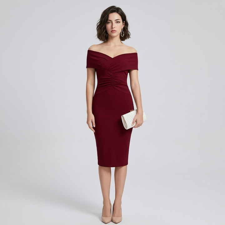 Elegant women's sculpting off-shoulder v-neck bodycon midi dress for formal and special occasions.