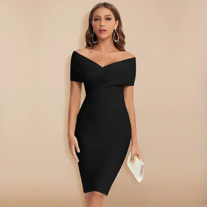 Close-up of elegant women's off-shoulder v-neck bodycon dress, showing sculpting fabric detail.