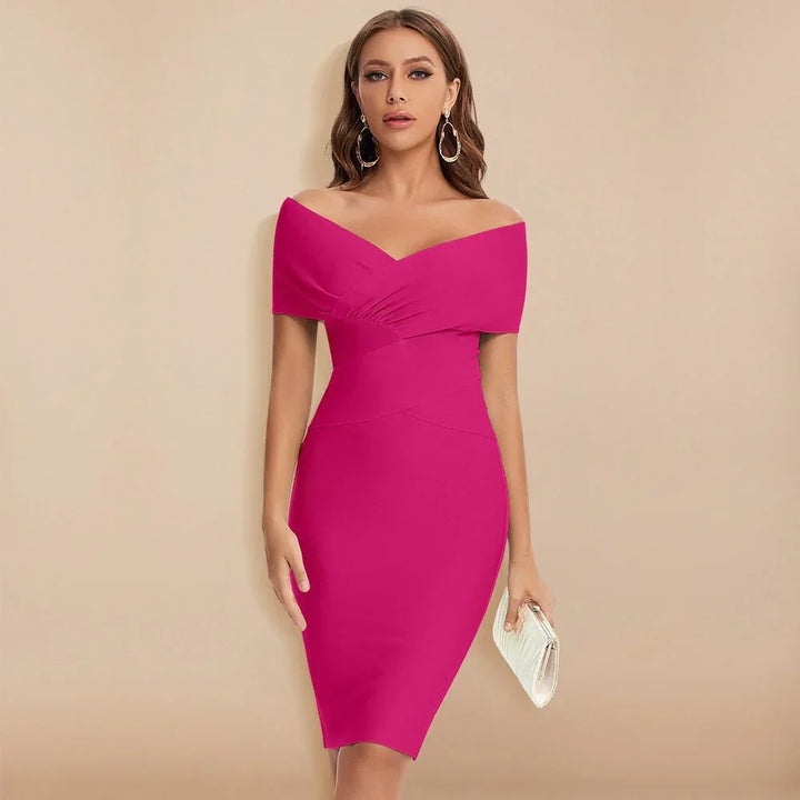 Flattering women's sculpting bodycon off-shoulder v-neck dress, an elegant midi for any special event.