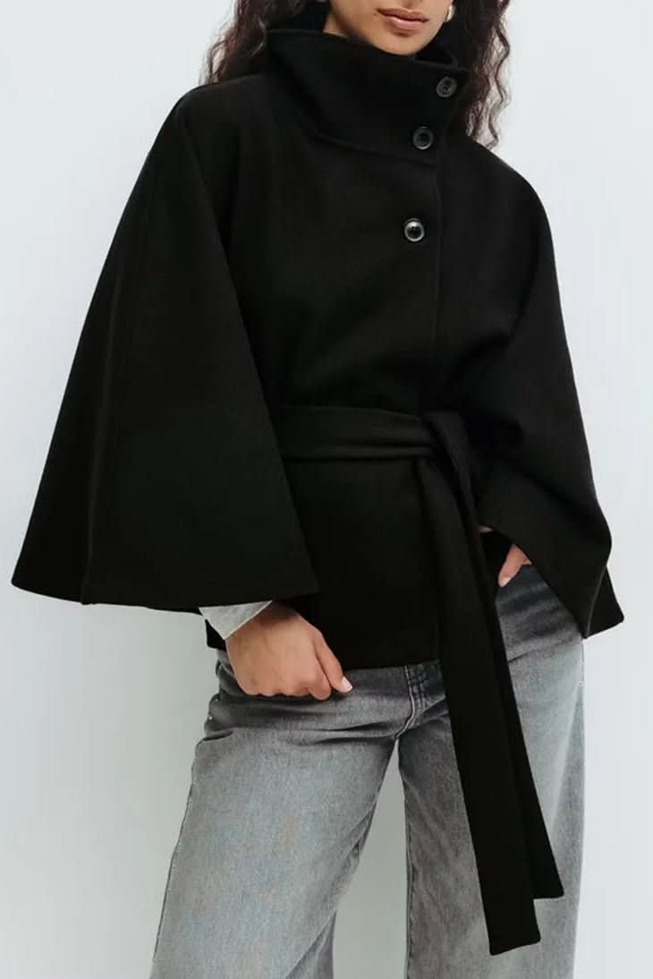Elegant women's self-tie cape with oversized fit. Timeless layering for a sophisticated autumn/winter look.