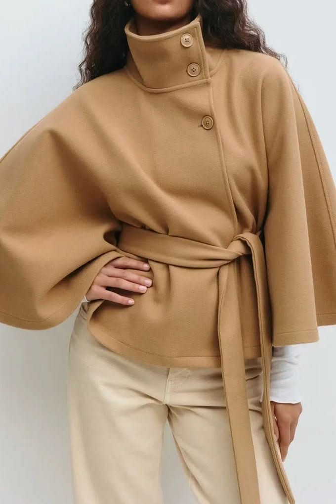 Chic women's fashion cape, self-tie closure, oversized fit. Versatile elegant outerwear, perfect for any occasion.