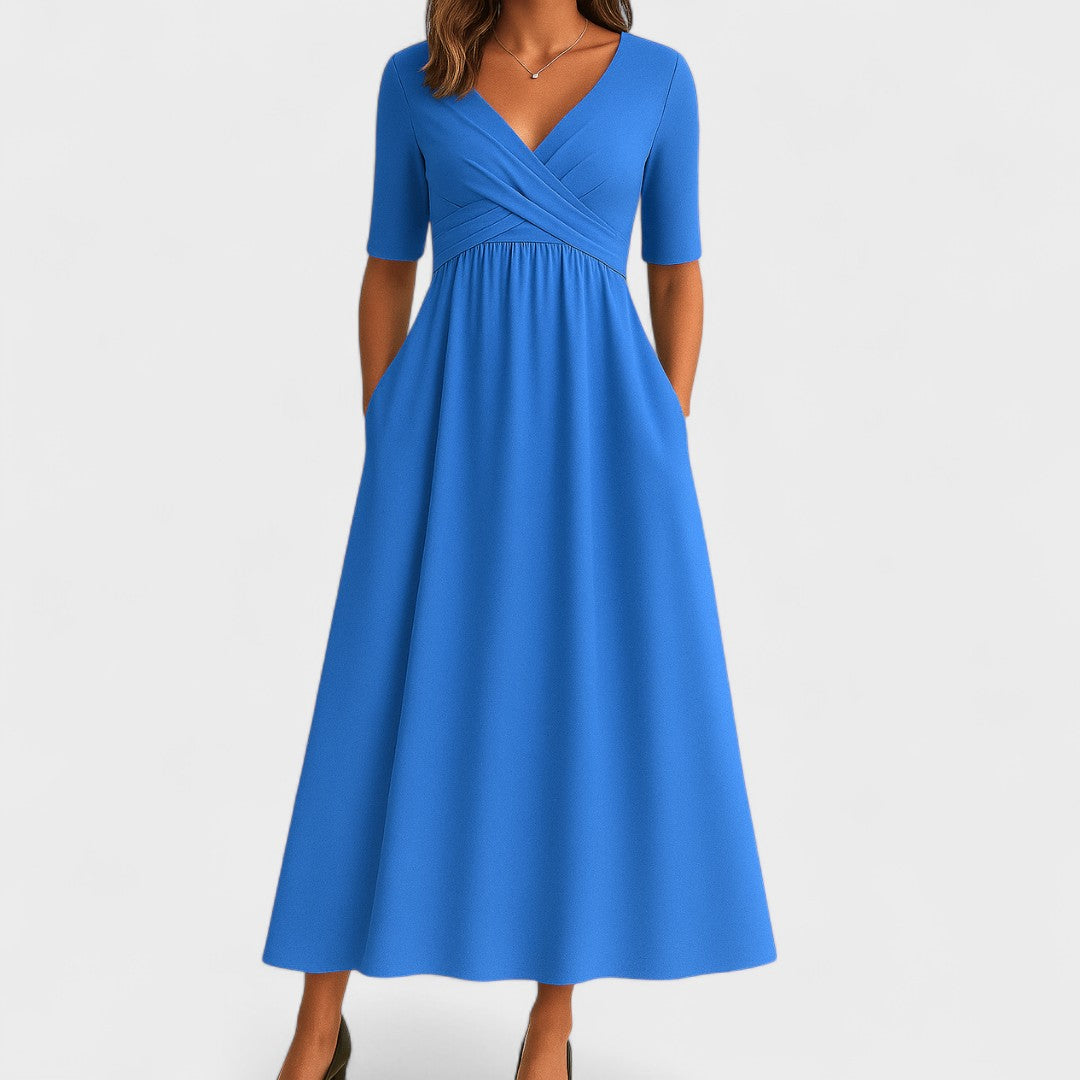 Versatile women's semi-formal A-line wrap dress, a chic midi for office workwear or an elegant party.