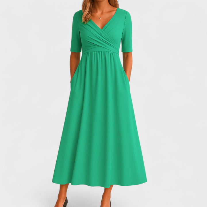 Graceful A-line wrap dress for women, a semi-formal midi with a flattering silhouette and V-neck.