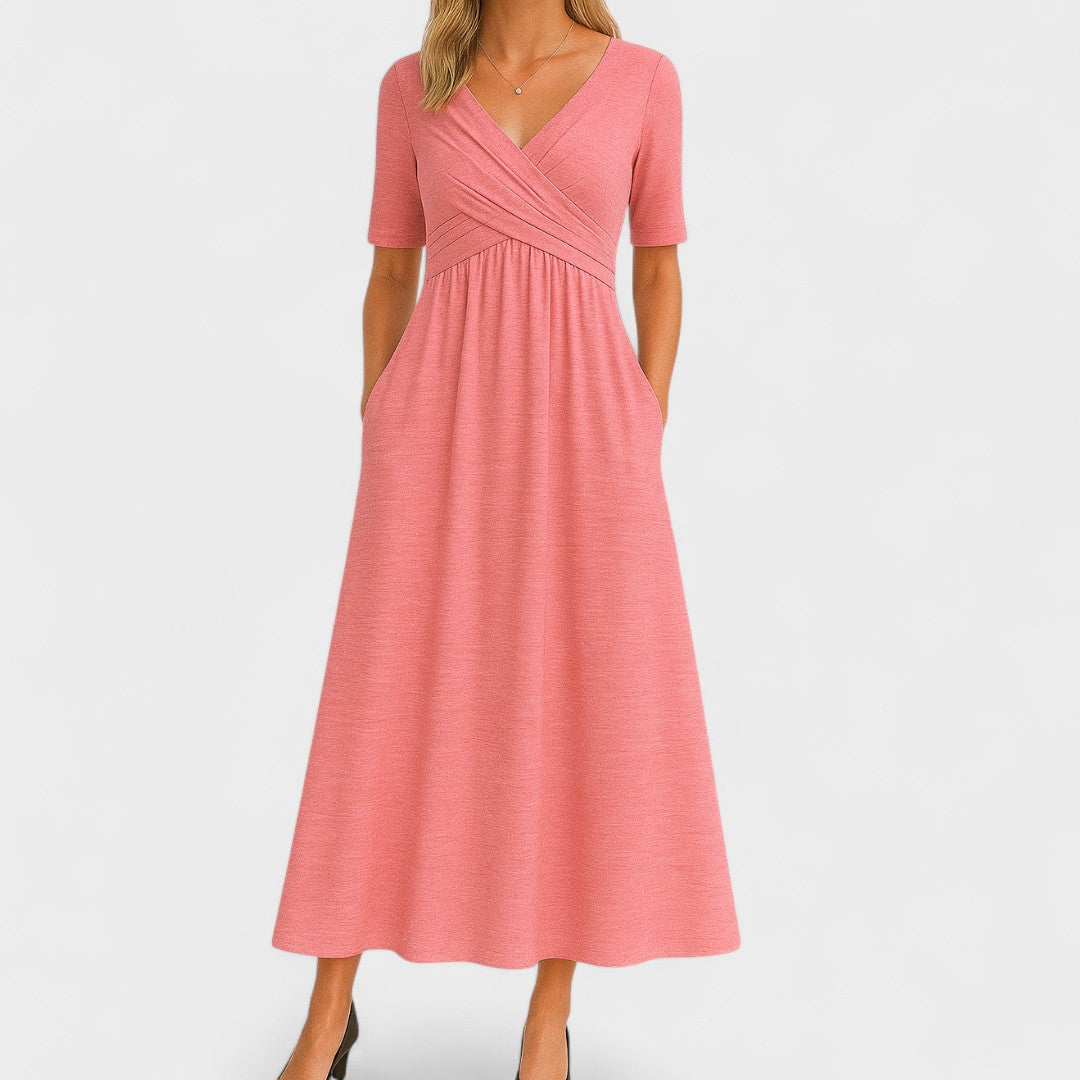Chic women's semi-formal wrap dress, an elegant A-line midi with V-neck, perfect for any occasion.