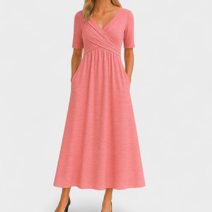 Chic women's semi-formal wrap dress, an elegant A-line midi with V-neck, perfect for any occasion.