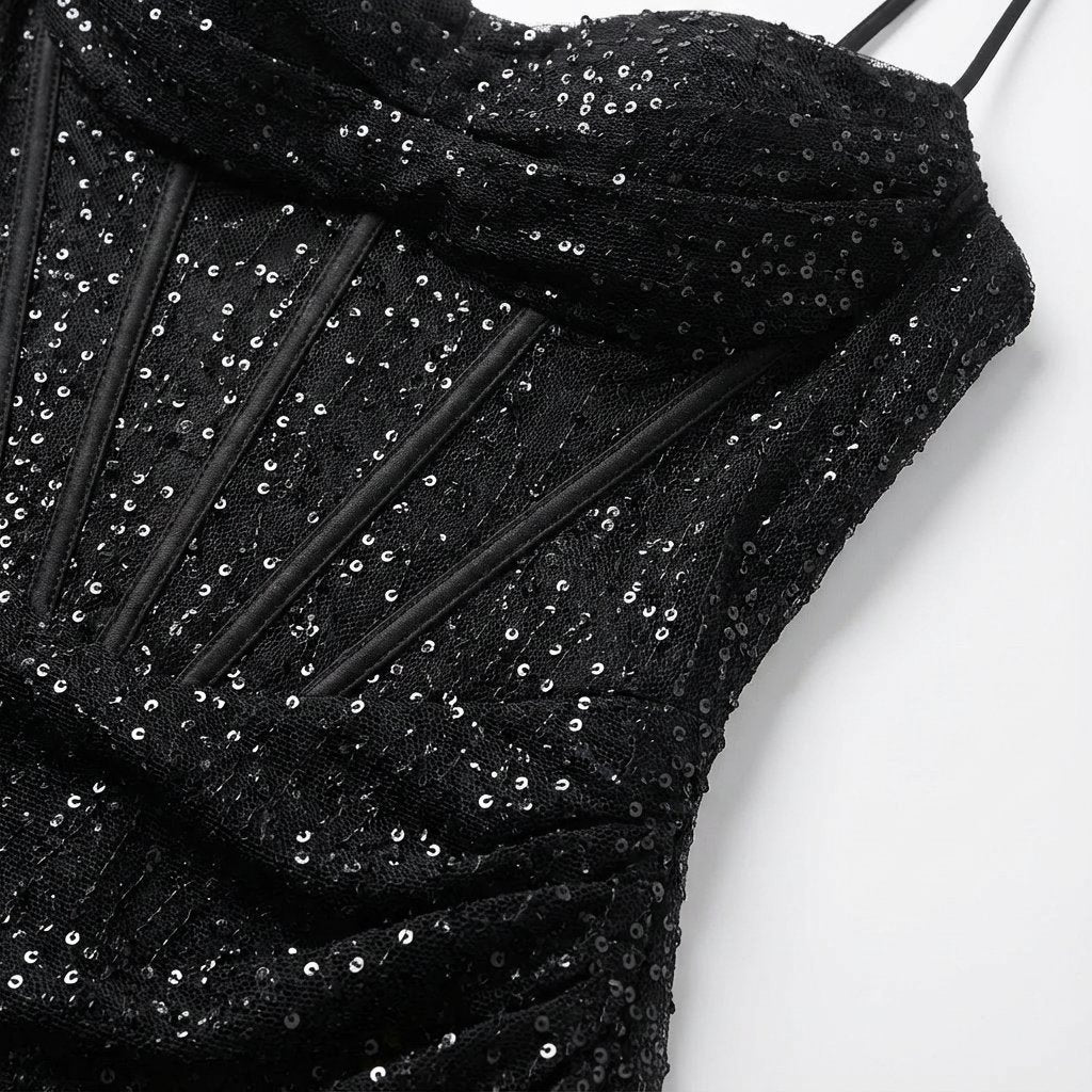 Strapless sequin formal gown featuring a sweetheart neck & alluring high slit. Women's elegant evening dress.