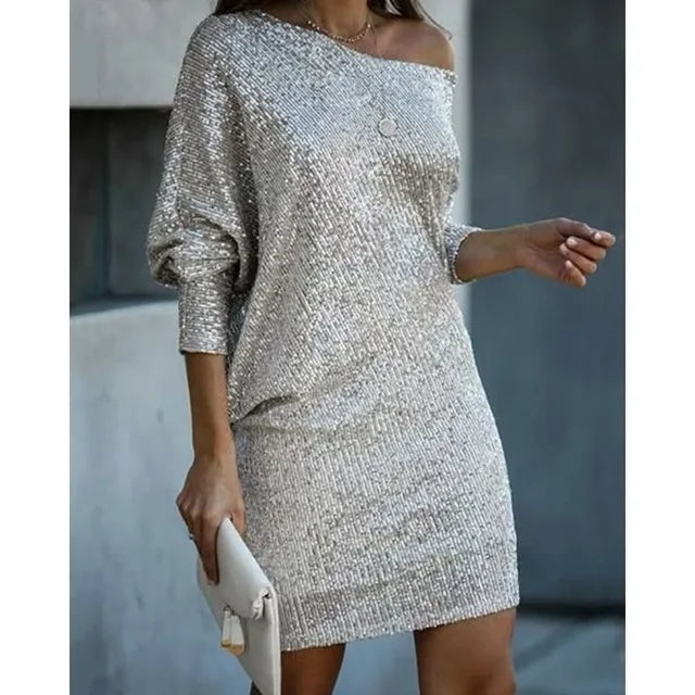 Glittering women's sequin mini dress, an elegant sparkle dress for evening & formal wear.