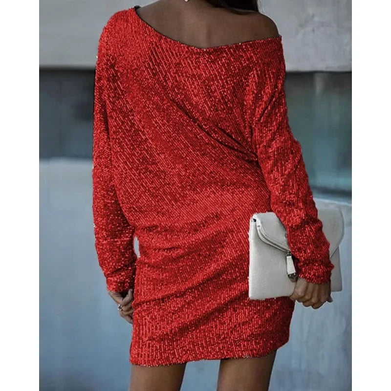 Front view of an elegant women's sequin mini dress, designed for glamorous party nights.