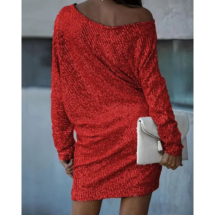 Front view of an elegant women's sequin mini dress, designed for glamorous party nights.