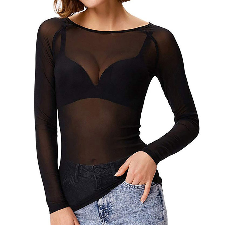 Elegant women's sheer mesh long sleeve top with delicate design, perfect for evening wear & parties.