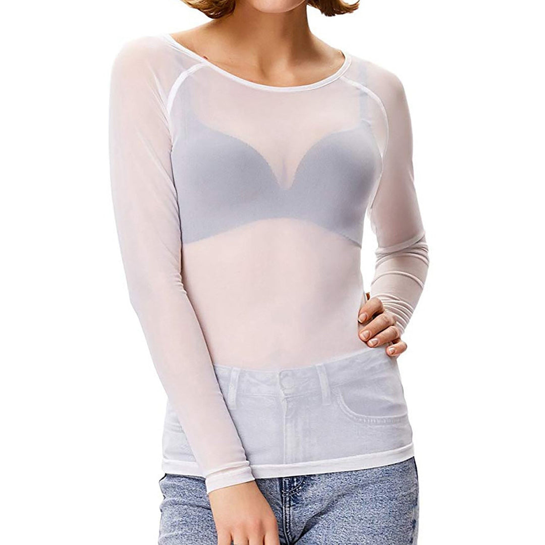 Stylish women's transparent mesh long sleeve pullover top with round neck for fashionable night outs.