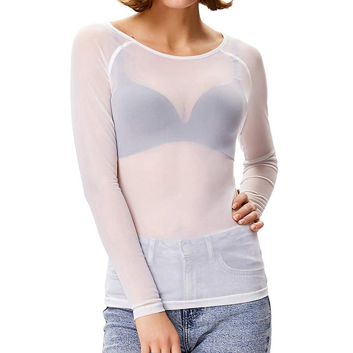 Stylish women's transparent mesh long sleeve pullover top with round neck for fashionable night outs.