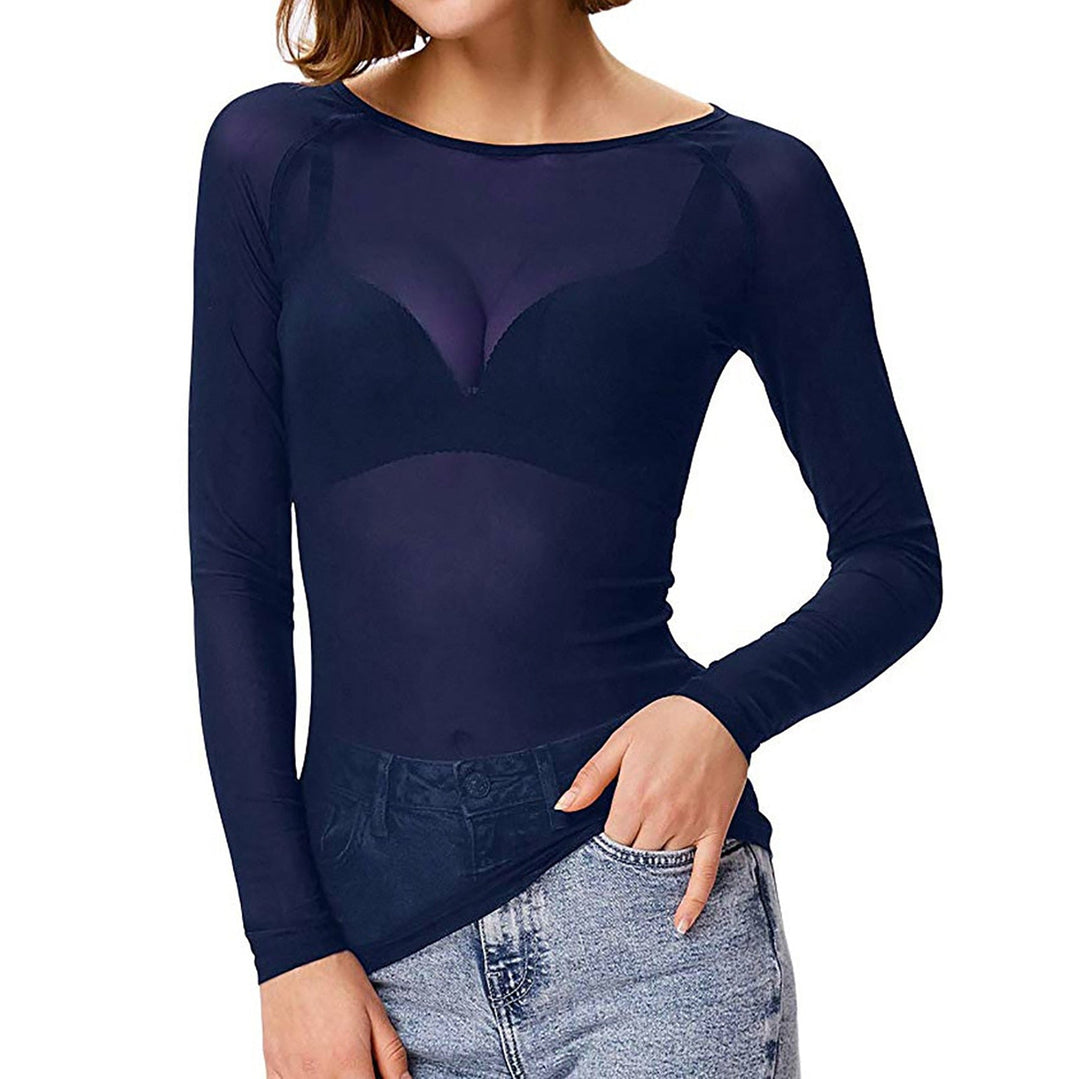 Women's long sleeve sheer evening top with delicate design, an elegant mesh blouse for parties & events.