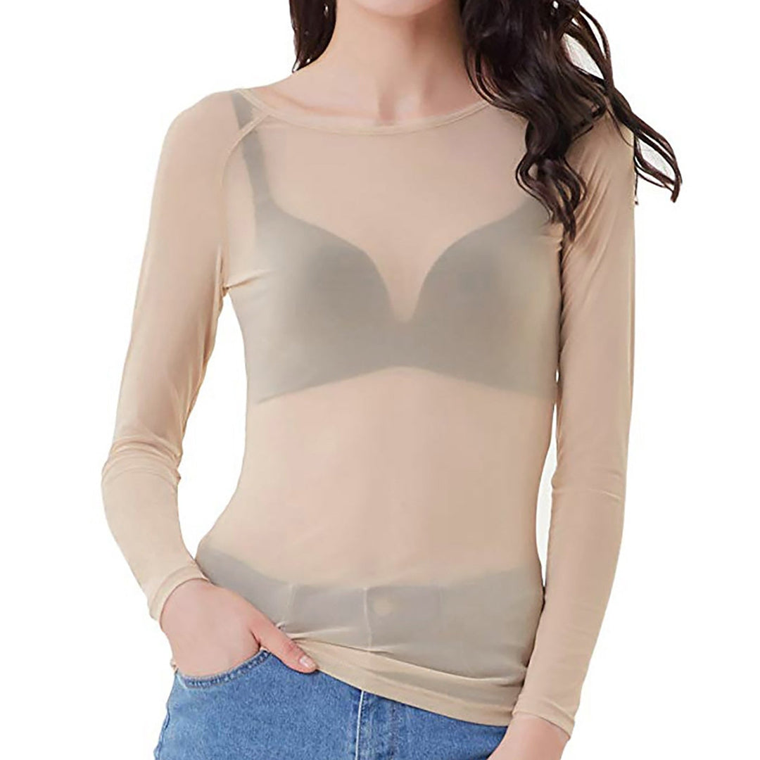Fashionable women's sheer long sleeve top with delicate mesh design, a versatile & stylish evening blouse.