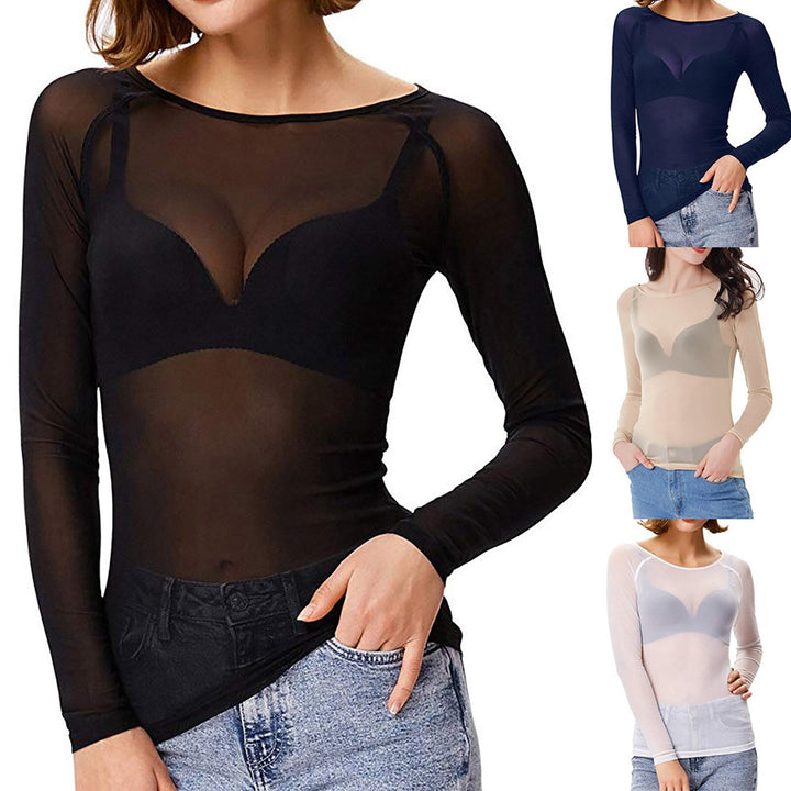 Close-up of women's sheer mesh long sleeve top, highlighting the delicate design for elegant party fashion.