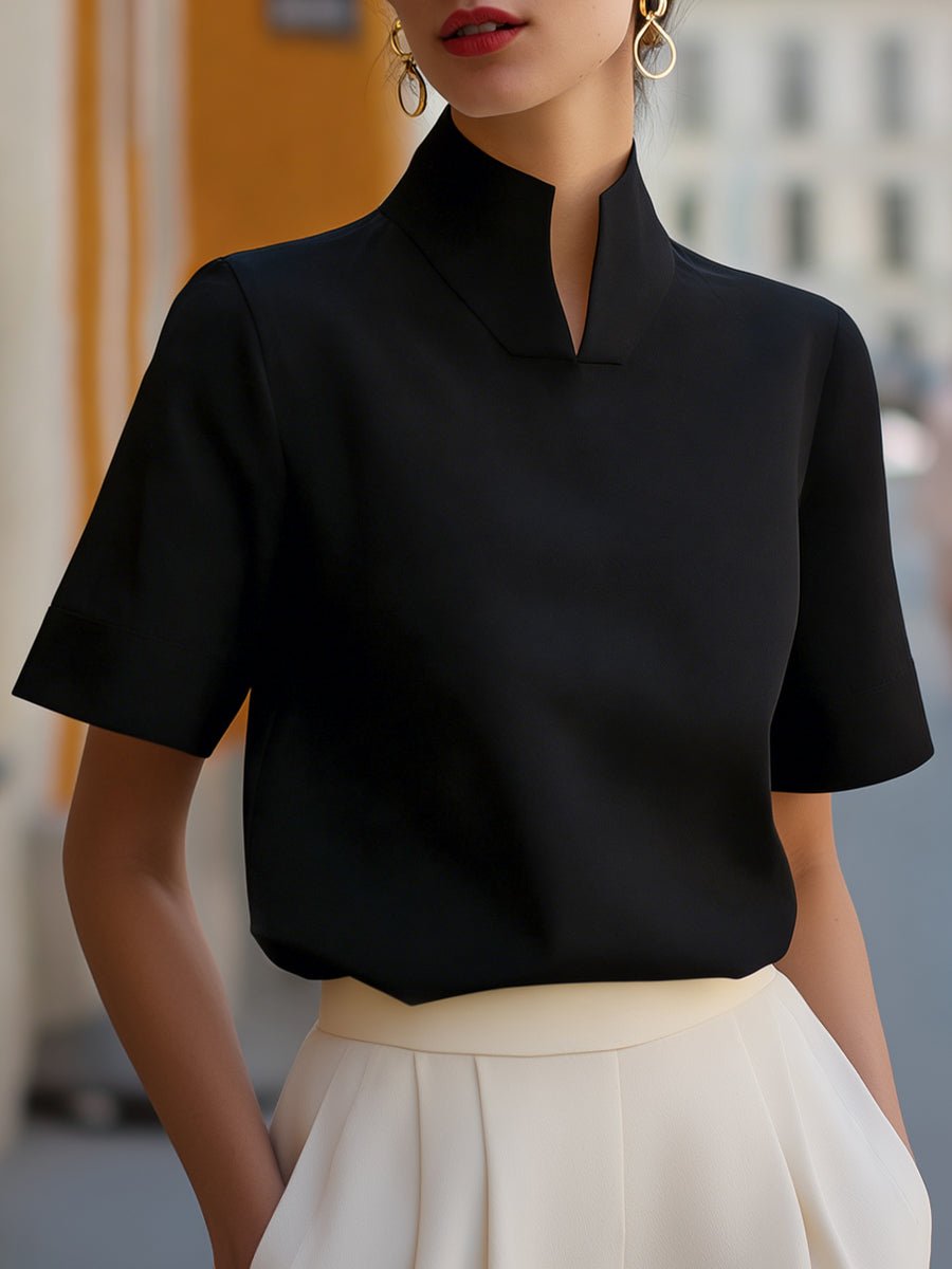 Dressy women's short sleeve mandarin collar top. Elegant and formal blouse, great for special occasions.