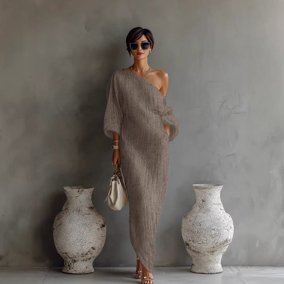 Fashionable new arrival: elegant women's slanted neck maxi dress with sophisticated lantern sleeves.