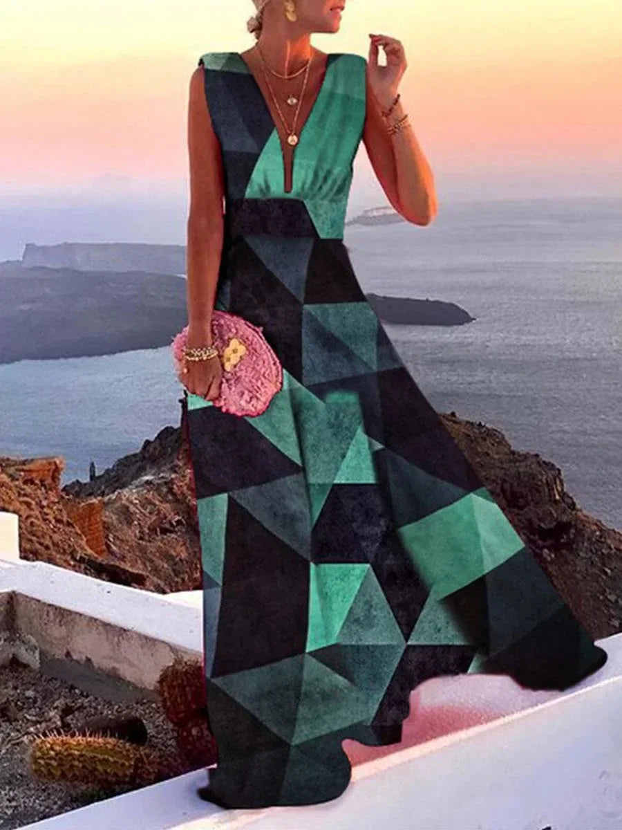 Flowing sleeveless V-neck maxi dress for women, ideal for summer fashion, vacation, or elegant events.