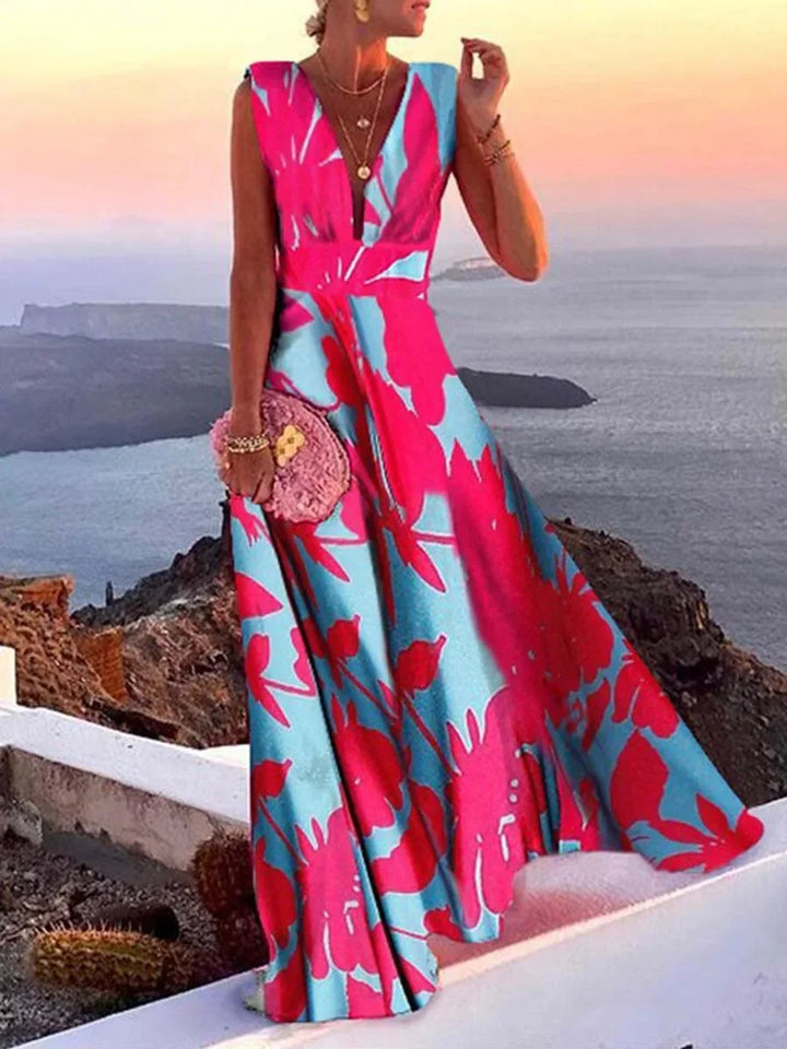 Stylish women's deep V-neck sleeveless maxi dress with a flowing skirt, great for party or evening wear.