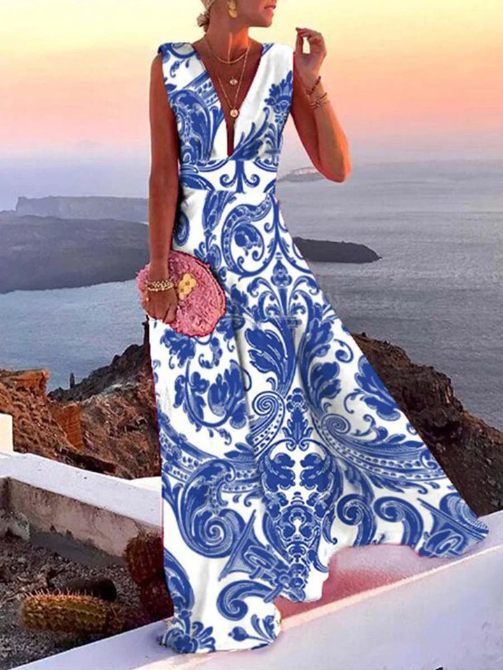 Chic women's sleeveless V-neck maxi dress with a flowing design, perfect for elegant evening wear or summer vacation.