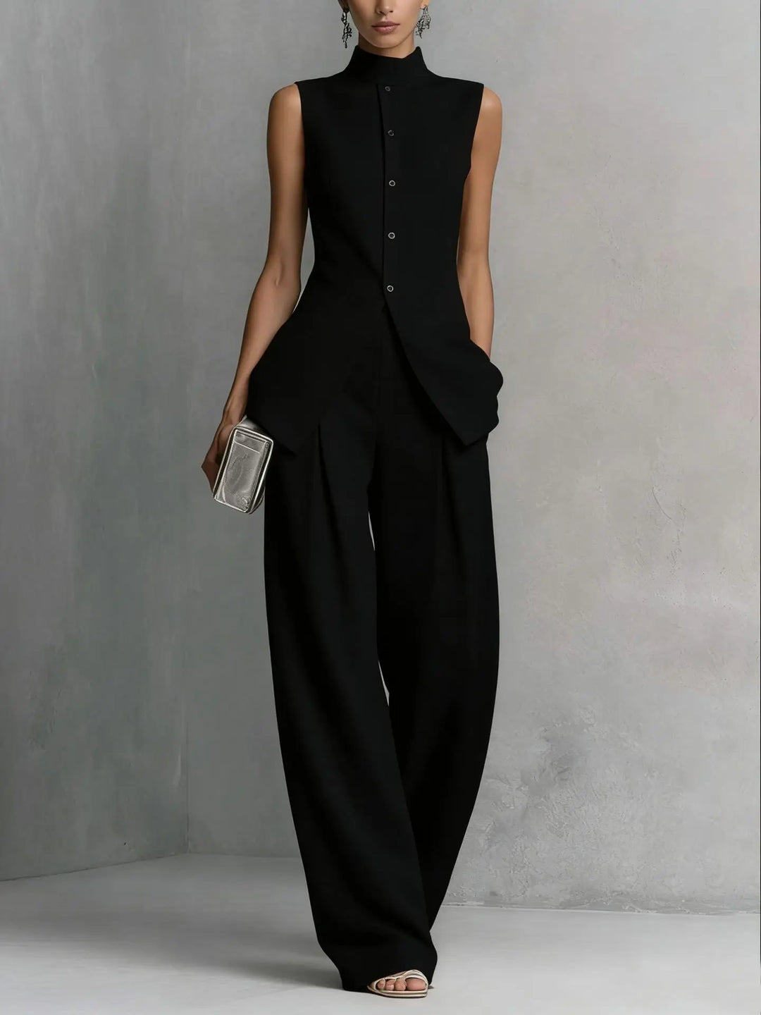 Elegant women's sleeveless high neck wide leg jumpsuit, perfect for sophisticated formal or party wear.