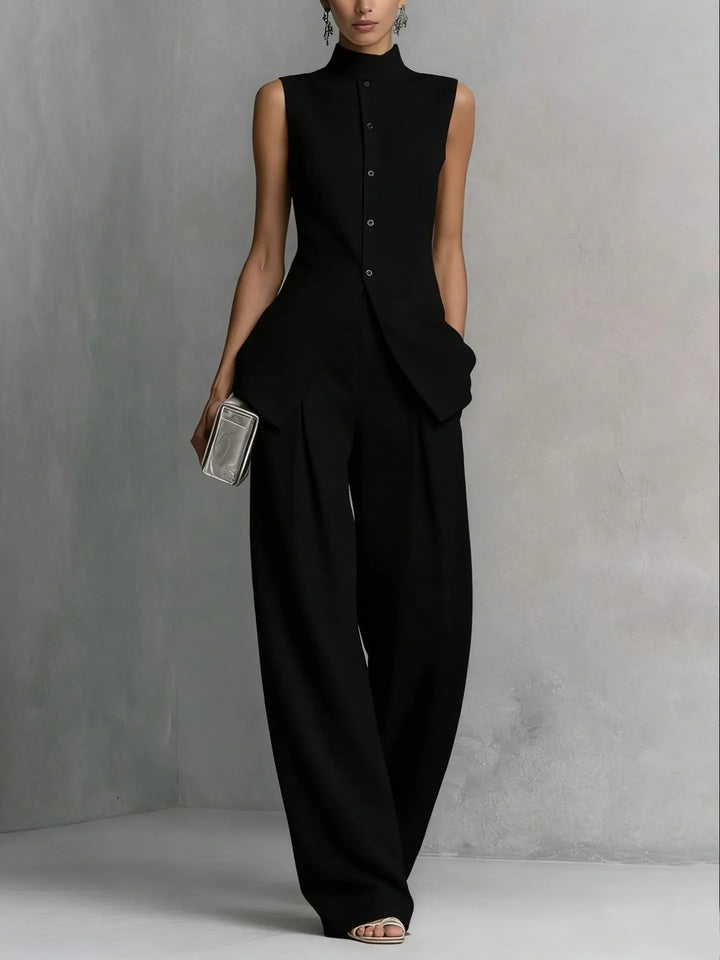 Elegant women's sleeveless high neck wide leg jumpsuit, perfect for sophisticated formal or party wear.
